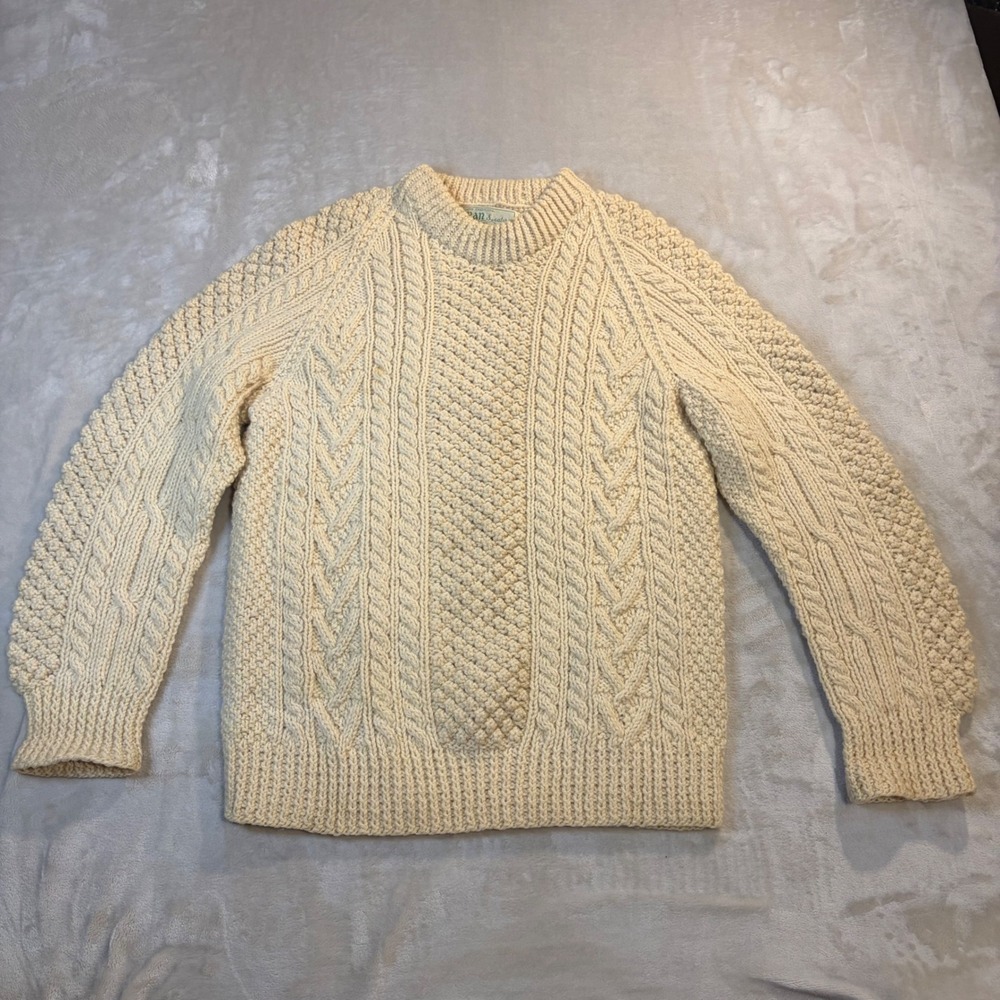 Vintage Irish Aran Sweater Hand Knit Ireland Cable Knit Fisherman Cream Wool